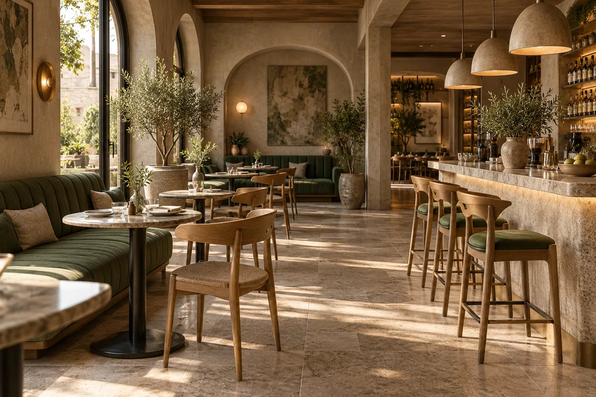 Ahşap mobilyalı ve yeşil sedirli cafe; yapay zekâ ile üretilmiş kurgusal tasarım görselleştirmesi.