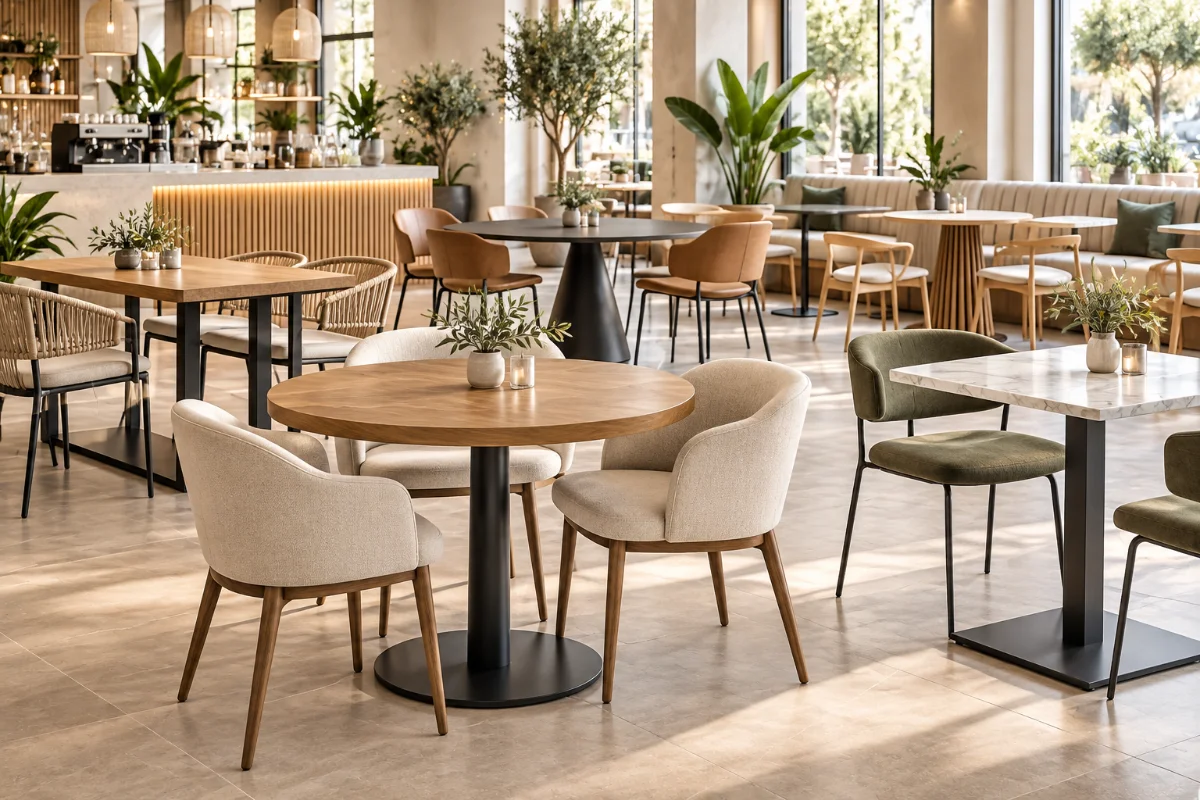 Cafe masalarında tabla, ayak ve yerleşim örneği