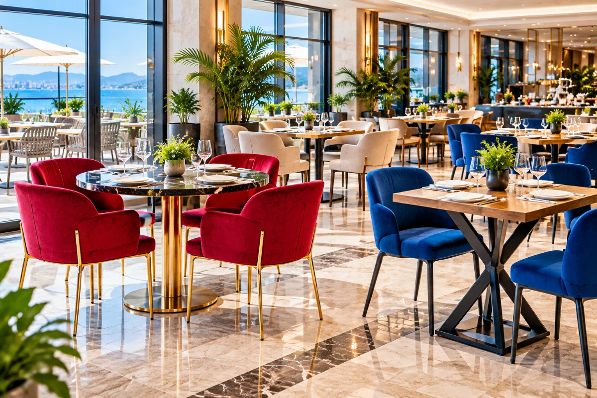 Cafe masalarında tabla, ayak ve yerleşim örneği