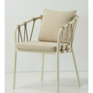 Beige Cushioned Rope Woven Outdoor Cafe Restaurant Armchair