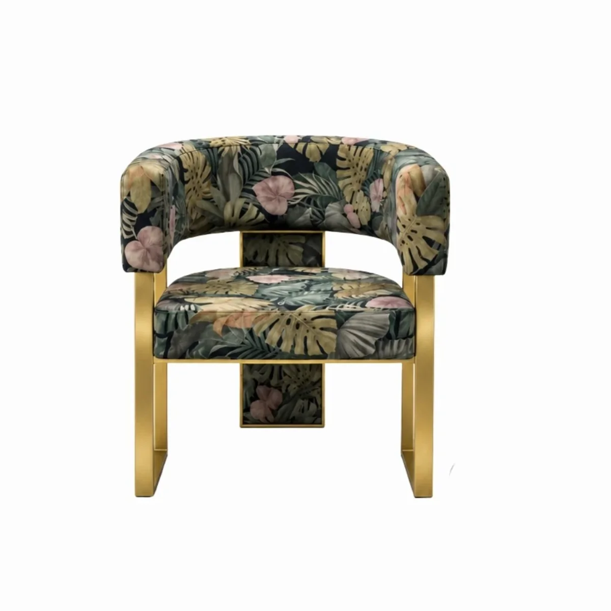 Floral Upholstered Gold Metal Armchair for Cafe and Restaurant