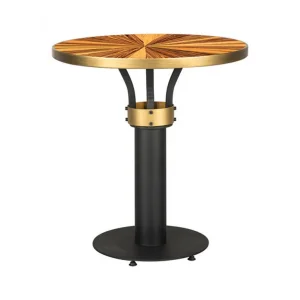 Round Decorative Wood Effect Cafe Table with Gold Rim and Black Metal Base