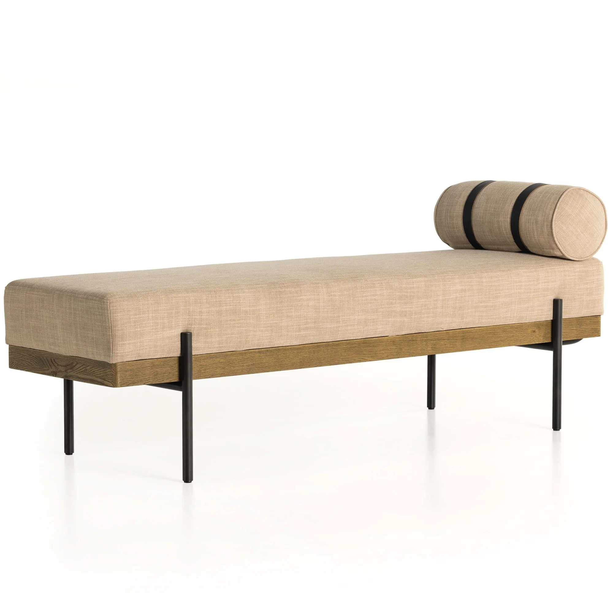 MODERN SİLİNDİRİK YASTIKLI METAL AYAKLI KUMAŞ DÖŞEMELİ BENCH görsel 3