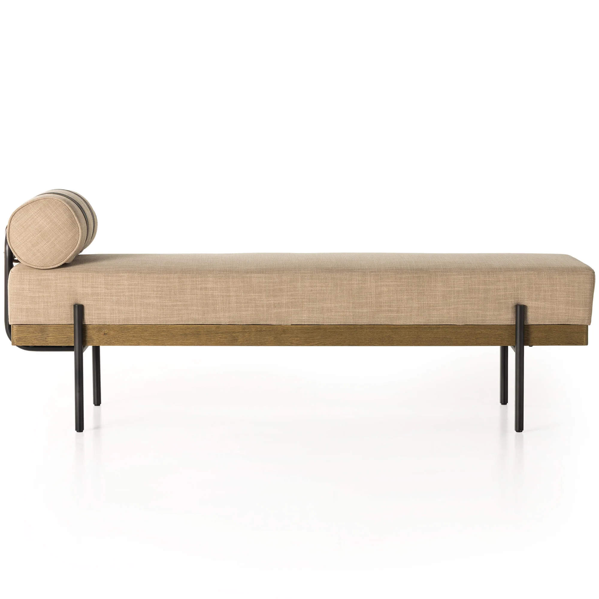 MODERN SİLİNDİRİK YASTIKLI METAL AYAKLI KUMAŞ DÖŞEMELİ BENCH